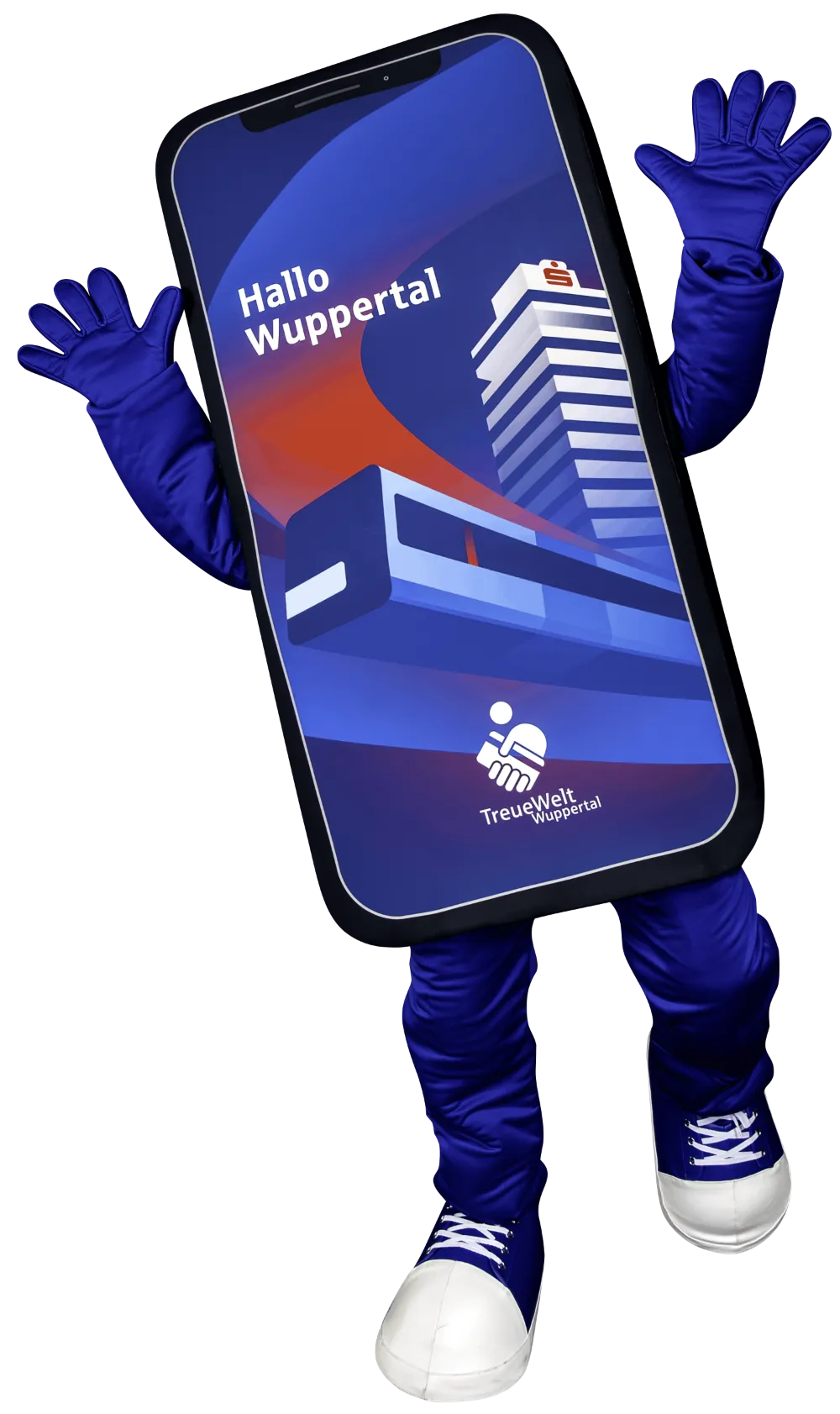 Maskottchen im Smartphone-Kostüm mit „Hallo Wuppertal"-Display, Pose 6.