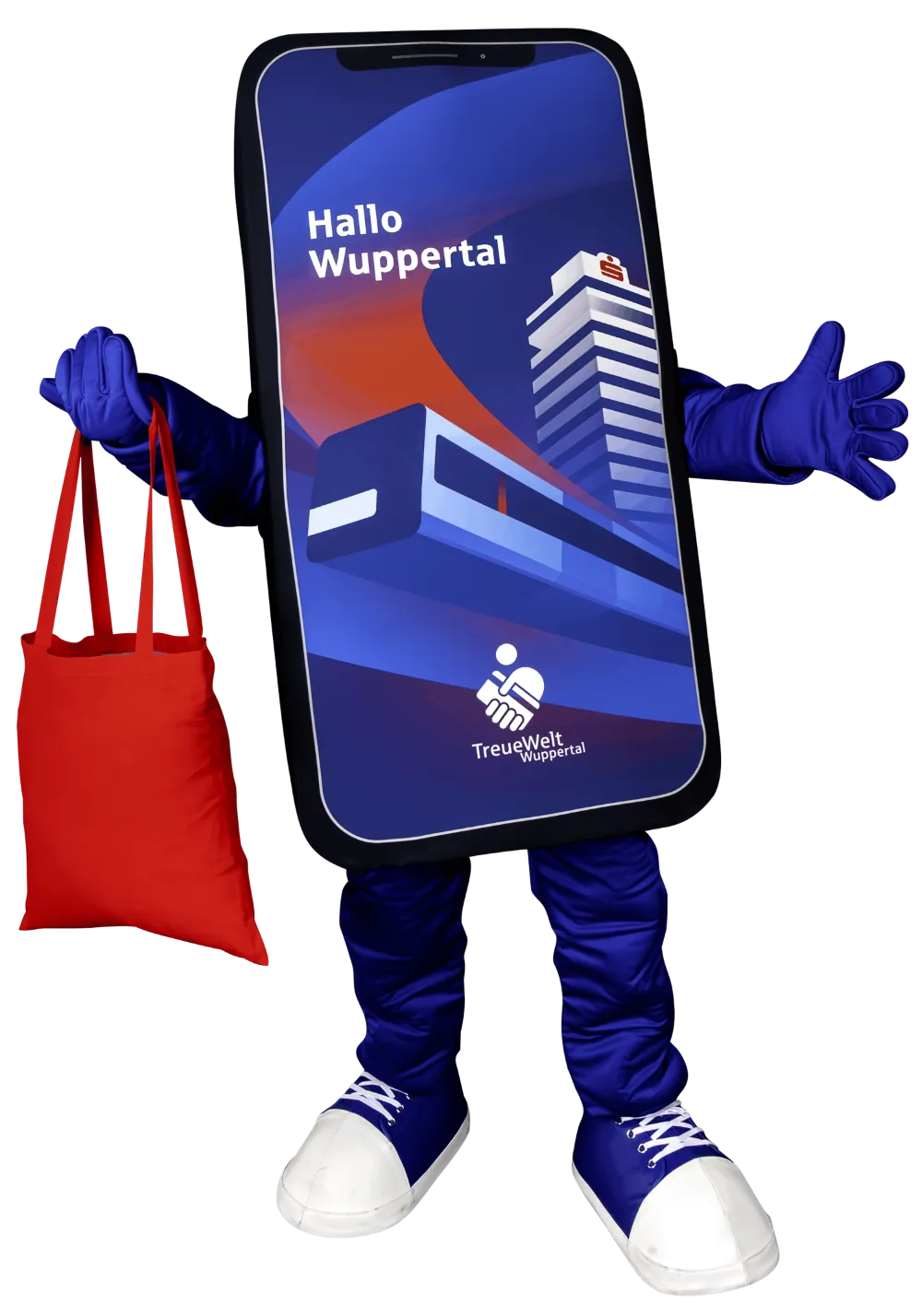 Maskottchen im Smartphone-Kostüm mit roter Einkaufstasche.