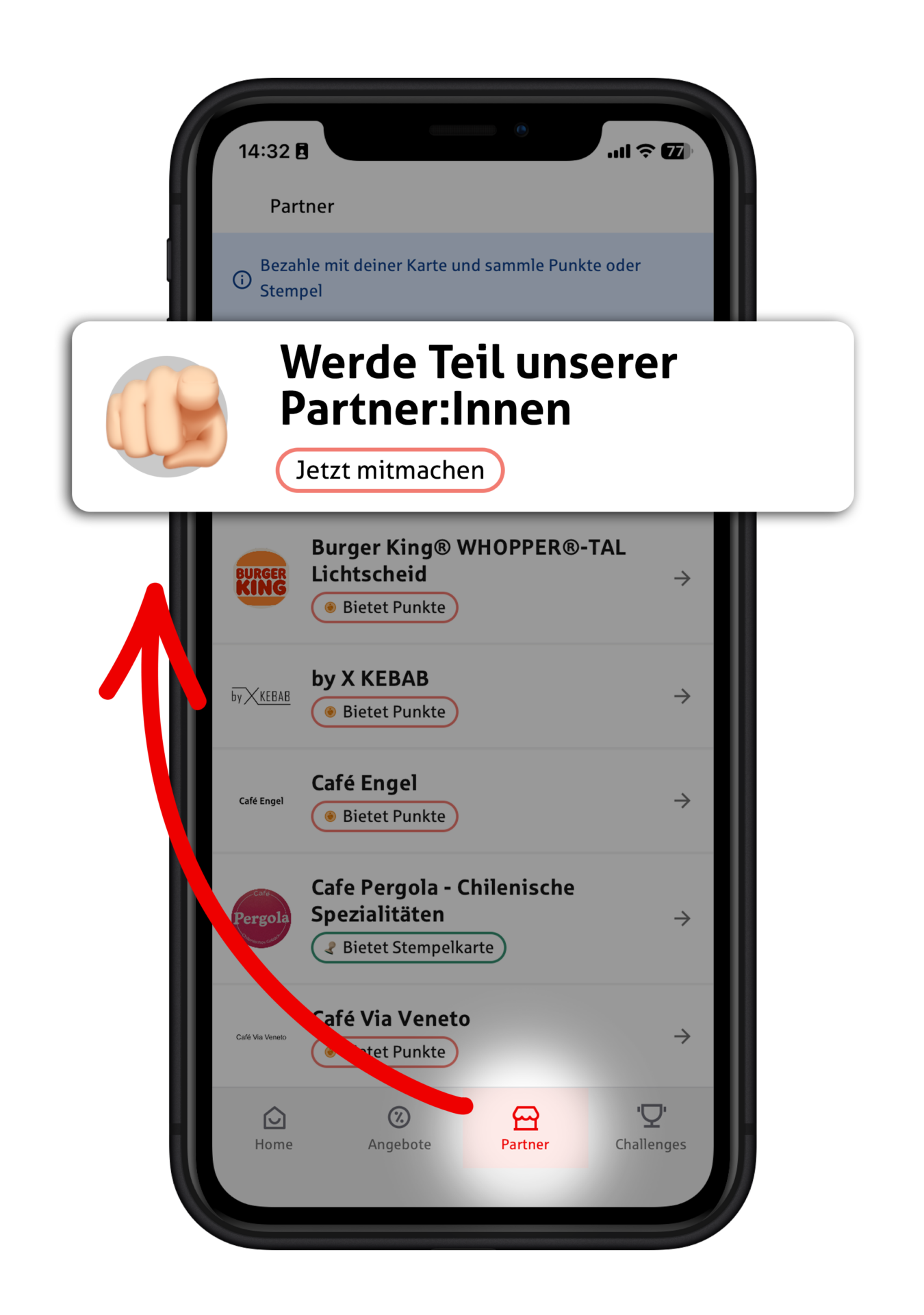 Smartphone mit TreueWelt-App und Hinweis „Werde Teil unserer Partner:innen".