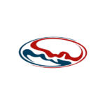 Abstraktes rot-blaues Oval-Logo mit dynamischen Pinselstrichen auf weißem Hintergrund