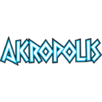 Türkises Akropolis-Logo in geometrischem Neonstil auf schwarzem Hintergrund