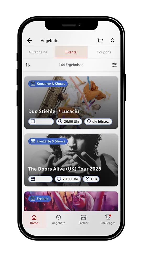 Angebote-App mit Veranstaltungen, Gutscheinen, Coupons und Eventkarten auf Smartphone.