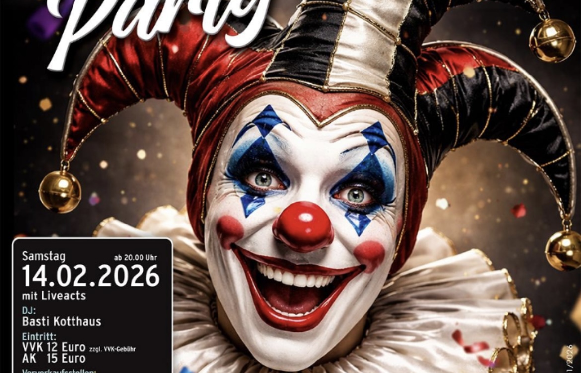 Veranstaltungsplakat mit Clownsmotiv für eine Karnevalsparty am 14.02.2026.