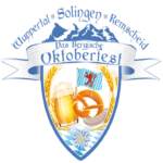 Bergisches Oktoberfest Wappen mit Bierkrug, Brezel, Wurst und Bergischer Flagge