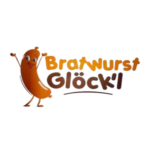 Bratwurst Glöck’l Logo mit fröhlichem Wurst-Maskottchen und orange-brauner 3D-Schrift