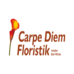 Carpe Diem Floristik Logo mit farbiger Calla-Lilie und orangefarbenem Schriftzug