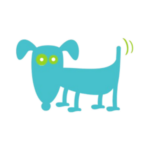 Türkiser Cartoon-Hund mit wedelndem Schwanz auf schwarzem Hintergrund