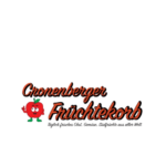Cronenberger Früchtekorb Logo mit fröhlichem Apfelmaskottchen und orangefarbener Schrift