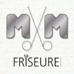 Friseure Logo mit Schere, Krone und metallischem M auf hellem Hintergrund