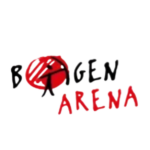 Handgezeichnetes Logo mit rotem Kreis, Strichfigur und roter Schrift auf schwarzem Hintergrund