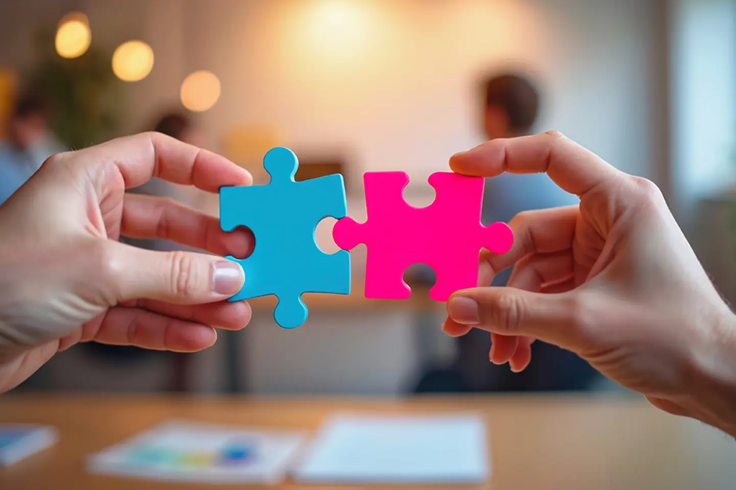 Zwei Hände fügen ein blaues und ein pinkes Puzzleteil zusammen.
