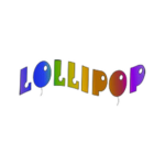 Lollipop-Schriftzug in bunten Regenbogen-Ballonbuchstaben mit glänzendem 3D-Effekt