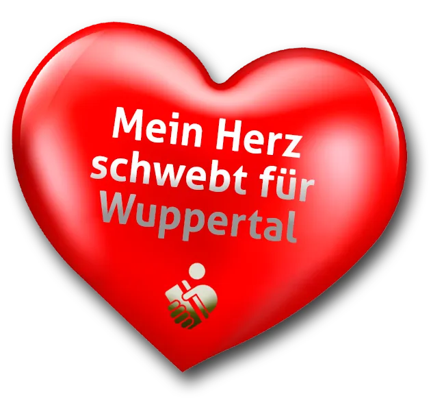 Plastisches, rotes Herz mit TreueWelt Logo und Schriftzug: "Mein Herz schlägt für Wuppertal".