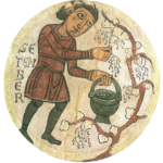 Mittelalterliche Weinlese in Manuskript-Medaillon mit Winzer, Rebe und Eimer