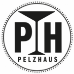 Pelzhaus Logo mit Martini-Glas und PH-Monogramm im runden Schwarz-Weiß-Design