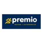 Premio Reifen + Autoservice Logo mit gelbem Mechaniker-Symbol