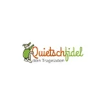 Quietschfidel Trageladen Logo mit grüner Schildkröte und orange-grünem Schriftzug.
