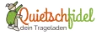 Quietschfidel Trageladen Logo mit Giraffen-Maskottchen und grün-orangem Schriftzug
