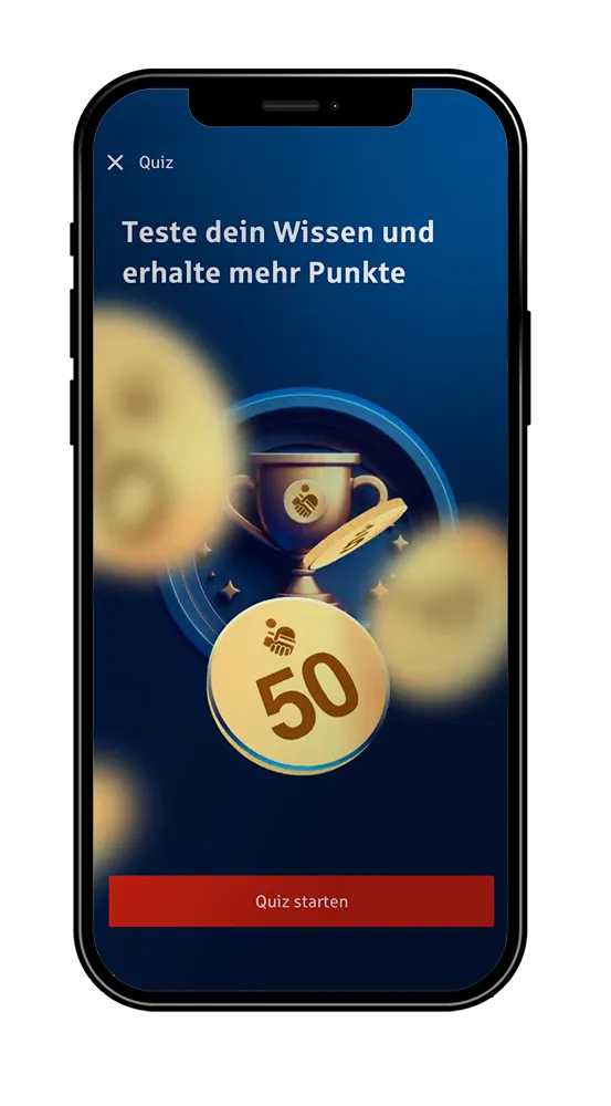 Quiz starten und Punkte sammeln mit goldener Trophäe in der App.