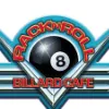 Rack’n’Roll Billard Café Logo mit 8-Ball im Retro-Chrom-Stil