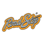 RoadStop Logo-Schriftzug im Retro-Stil mit orangefarbener Kontur und grauer Füllung