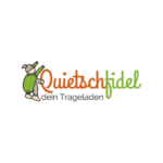 Sticker-Logo einer Familienmarke mit Babytrage und orange-grünem Schriftzug