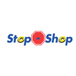 Stopp-Shop Logo mit blauem Schriftzug, gelben O und rotem Stoppschild