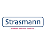 Strasmann Logo mit blauem Schriftzug im abgerundeten Rahmen und pinker Tagline