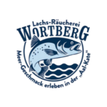 Wartberg Fischlogo mit springendem Lachs, blauen Wellen und maritimer Badge-Optik