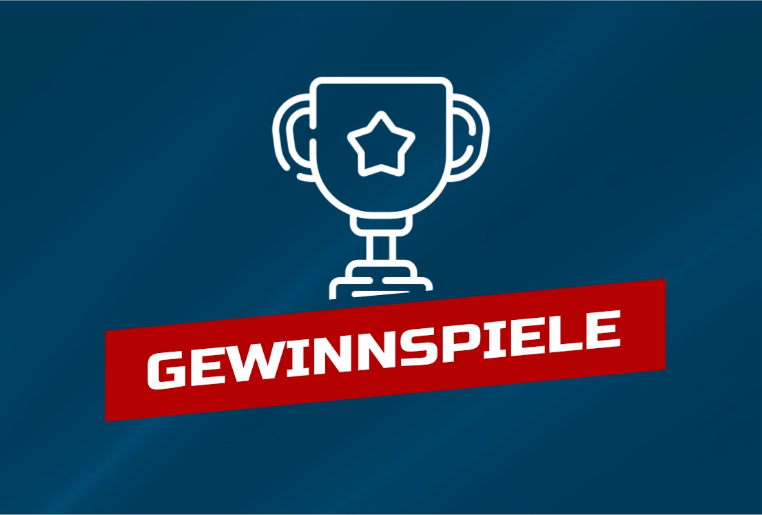 Grafik mit Pokal und Schriftzug „Gewinnspiele" auf dunkelblauem Grund.