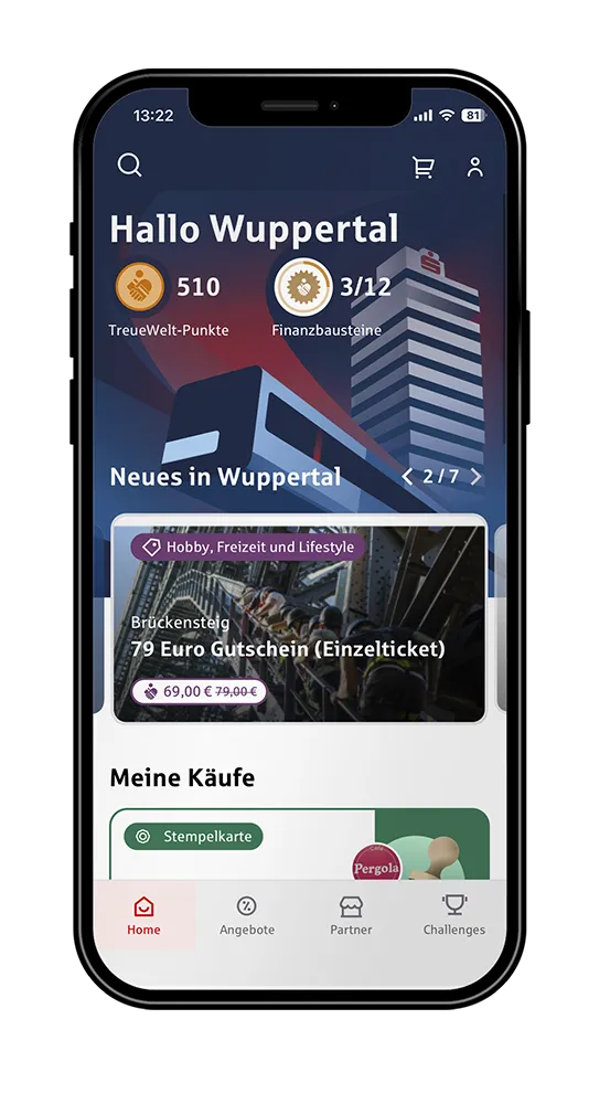 Wuppertal App Startseite mit lokalen Angeboten, Treuepunkten und Gutschein für Brückensteig.