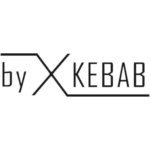 Minimalistisches schwarz-weißes X-Kebab-Logo mit by-Schriftzug und Unterlinie